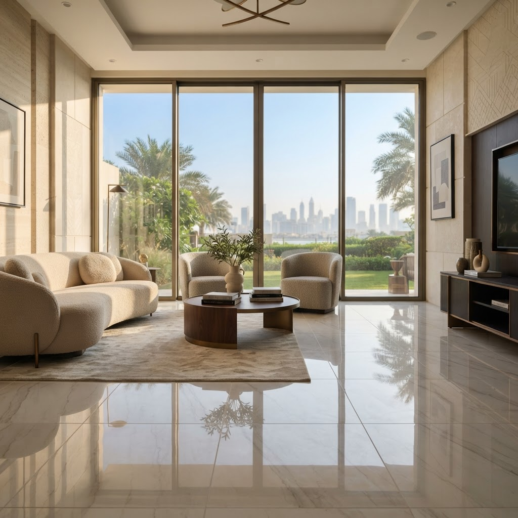 Luxury interior with polished large-format marble-look floor tiles in Madinah